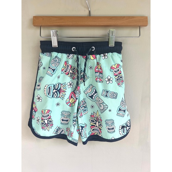 Tommy Bahama Other - Tommy Bahama Boy Swim Trunks Size 5/6 Tiki‎ Print Tribal Masks Swim Shorts Mint